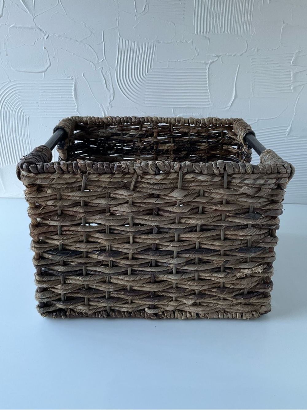 Rustic Woven Rattan Shelf Basket with Integrated Wooden Handles